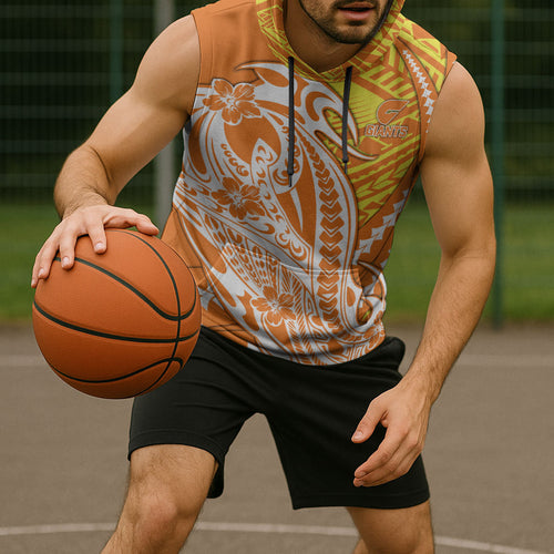 Personalized Greater Western Sydney Giants Sleeveless Hoodie Polynesian Tribal Giant Mascot With Hibiscus Floral Art