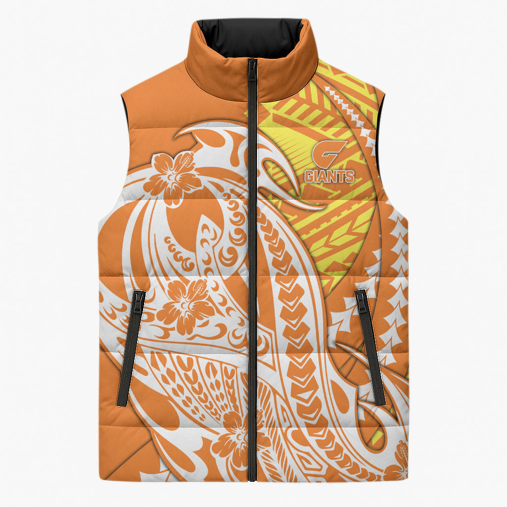 Personalized Greater Western Sydney Giants Sleeveless Puffer Jacket Polynesian Tribal Giant Mascot With Hibiscus Floral Art