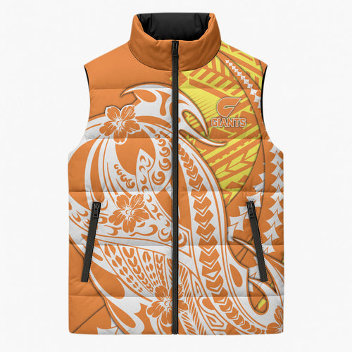 Personalized Greater Western Sydney Giants Sleeveless Puffer Jacket Polynesian Tribal Giant Mascot With Hibiscus Floral Art