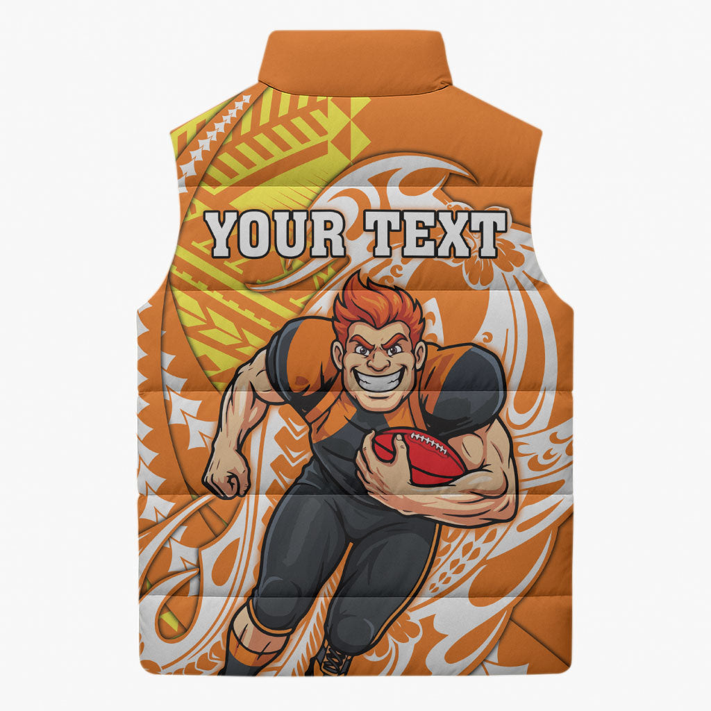 Personalized Greater Western Sydney Giants Sleeveless Puffer Jacket Polynesian Tribal Giant Mascot With Hibiscus Floral Art