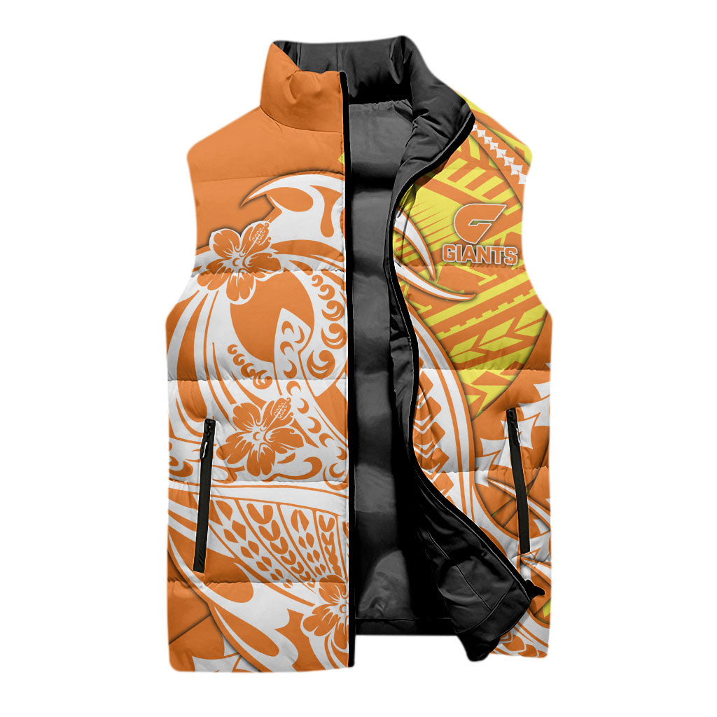 Personalized Greater Western Sydney Giants Sleeveless Puffer Jacket Polynesian Tribal Giant Mascot With Hibiscus Floral Art