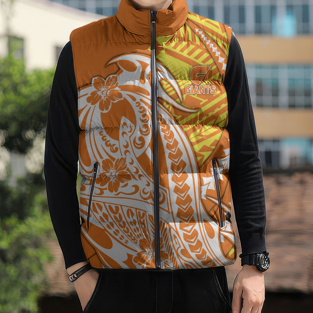 Personalized Greater Western Sydney Giants Sleeveless Puffer Jacket Polynesian Tribal Giant Mascot With Hibiscus Floral Art