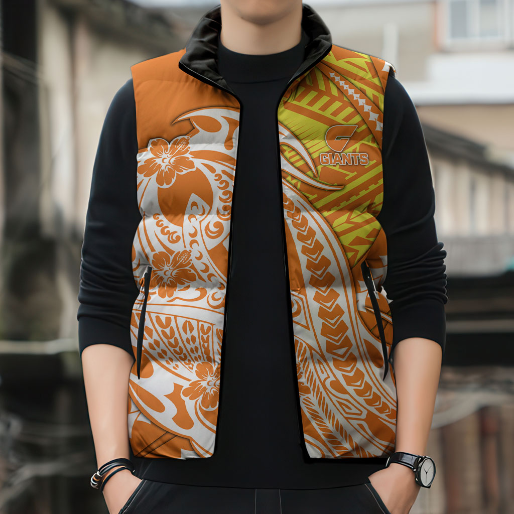 Personalized Greater Western Sydney Giants Sleeveless Puffer Jacket Polynesian Tribal Giant Mascot With Hibiscus Floral Art