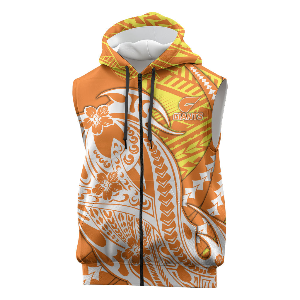 Personalized Greater Western Sydney Giants Sleeveless Zip Hoodie Polynesian Tribal Giant Mascot With Hibiscus Floral Art