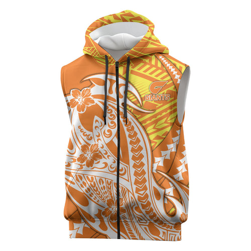 Personalized Greater Western Sydney Giants Sleeveless Zip Hoodie Polynesian Tribal Giant Mascot With Hibiscus Floral Art