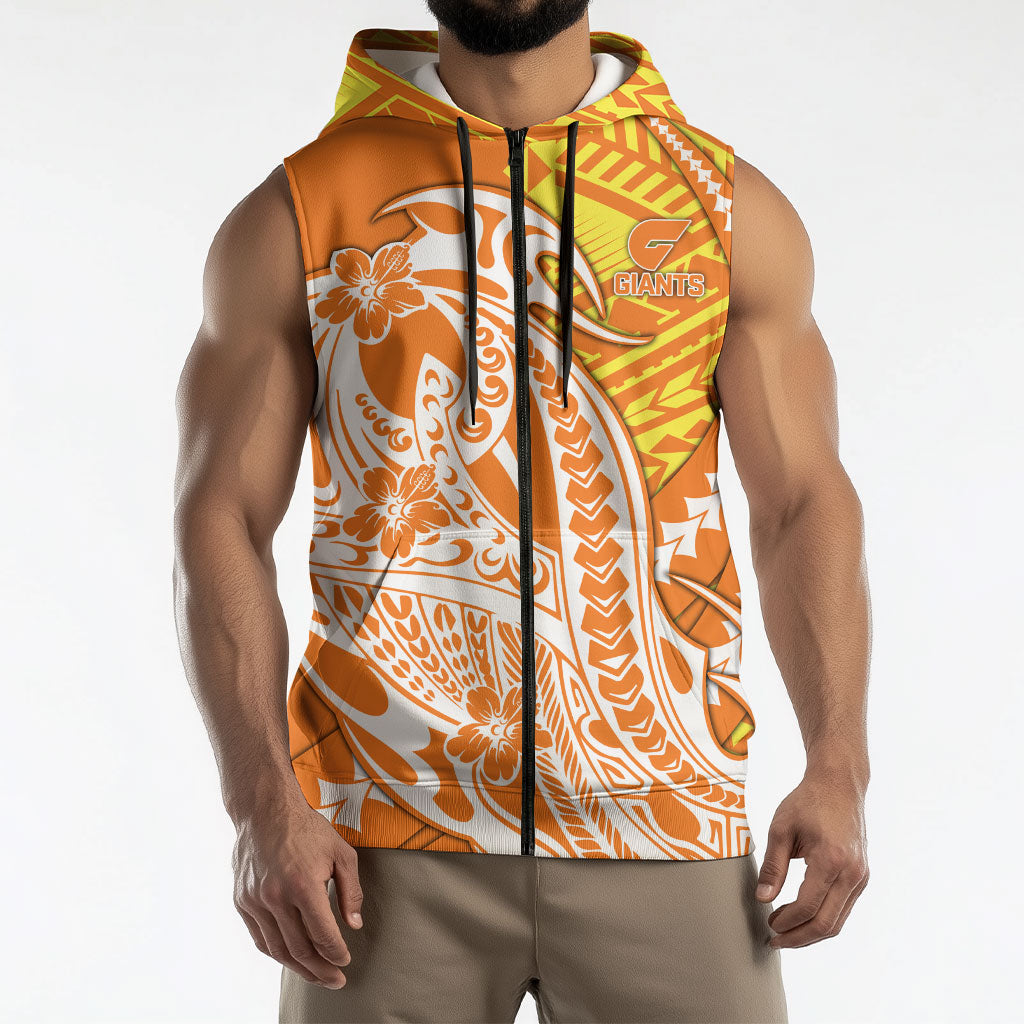 Personalized Greater Western Sydney Giants Sleeveless Zip Hoodie Polynesian Tribal Giant Mascot With Hibiscus Floral Art