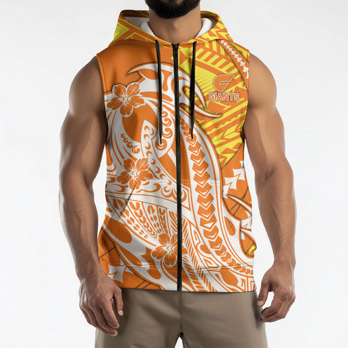 Personalized Greater Western Sydney Giants Sleeveless Zip Hoodie Polynesian Tribal Giant Mascot With Hibiscus Floral Art
