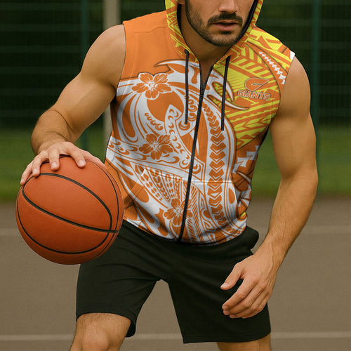 Personalized Greater Western Sydney Giants Sleeveless Zip Hoodie Polynesian Tribal Giant Mascot With Hibiscus Floral Art