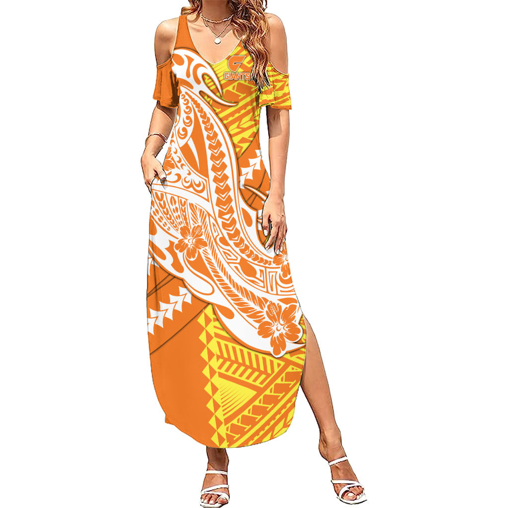 Personalized Greater Western Sydney Giants Summer Maxi Dress Polynesian Tribal Giant Mascot With Hibiscus Floral Art