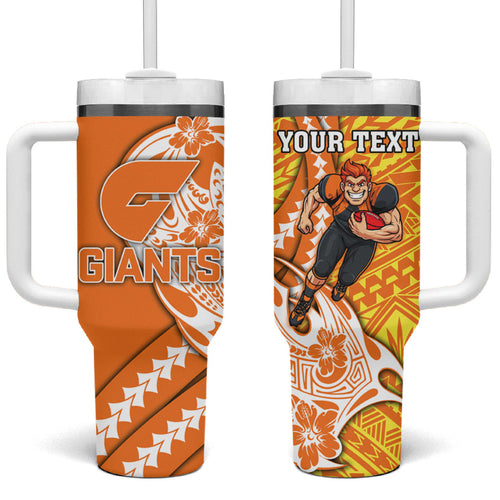 Personalized Greater Western Sydney Giants Tumbler With Handle Polynesian Tribal Giant Mascot With Hibiscus Floral Art