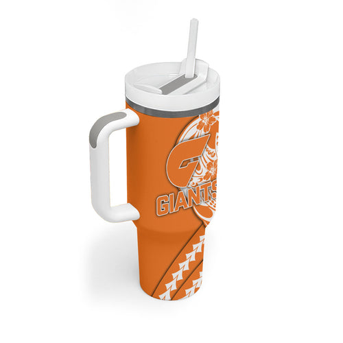 Personalized Greater Western Sydney Giants Tumbler With Handle Polynesian Tribal Giant Mascot With Hibiscus Floral Art