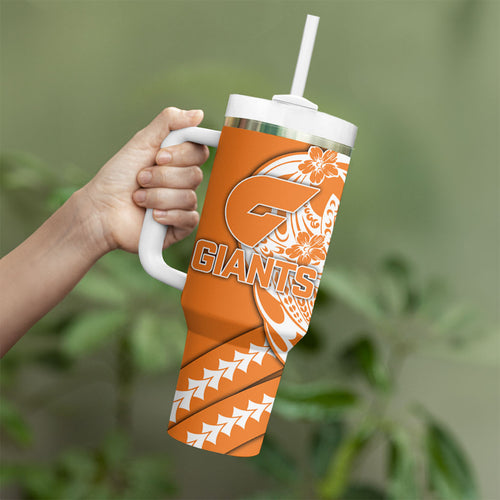 Personalized Greater Western Sydney Giants Tumbler With Handle Polynesian Tribal Giant Mascot With Hibiscus Floral Art
