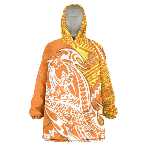 Personalized Greater Western Sydney Giants Wearable Blanket Hoodie Polynesian Tribal Giant Mascot With Hibiscus Floral Art
