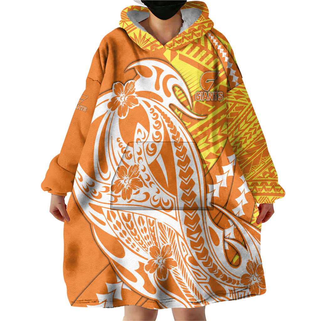 Personalized Greater Western Sydney Giants Wearable Blanket Hoodie Polynesian Tribal Giant Mascot With Hibiscus Floral Art