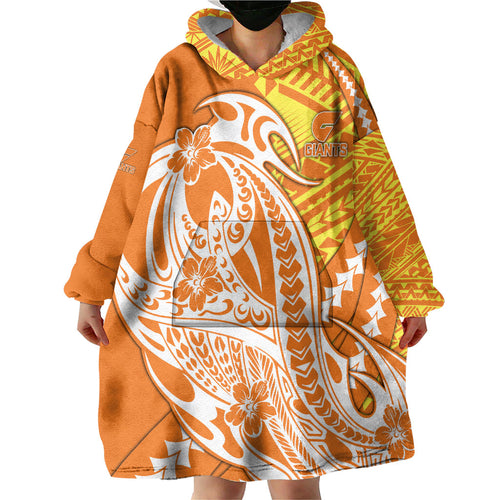 Personalized Greater Western Sydney Giants Wearable Blanket Hoodie Polynesian Tribal Giant Mascot With Hibiscus Floral Art
