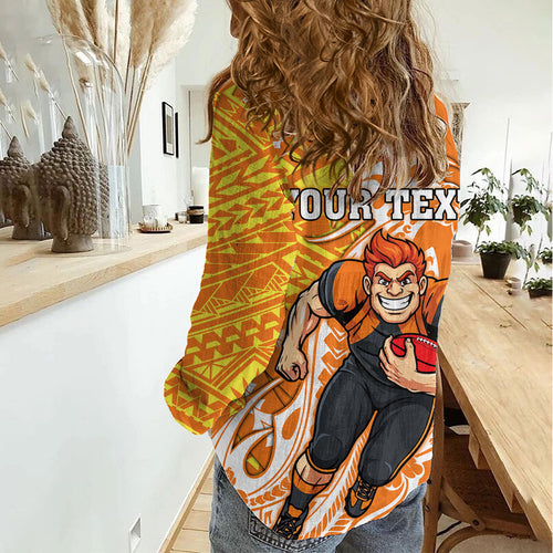 Personalized Greater Western Sydney Giants Women Casual Shirt Polynesian Tribal Giant Mascot With Hibiscus Floral Art