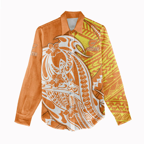Personalized Greater Western Sydney Giants Women Casual Shirt Polynesian Tribal Giant Mascot With Hibiscus Floral Art