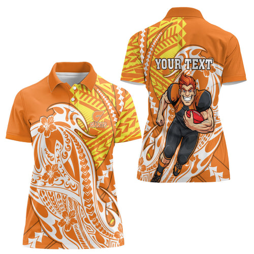 Personalized Greater Western Sydney Giants Women Polo Shirt Polynesian Tribal Giant Mascot With Hibiscus Floral Art