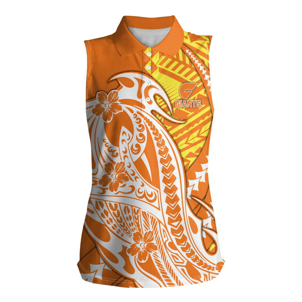 Personalized Greater Western Sydney Giants Women Sleeveless Polo Shirt Polynesian Tribal Giant Mascot With Hibiscus Floral Art