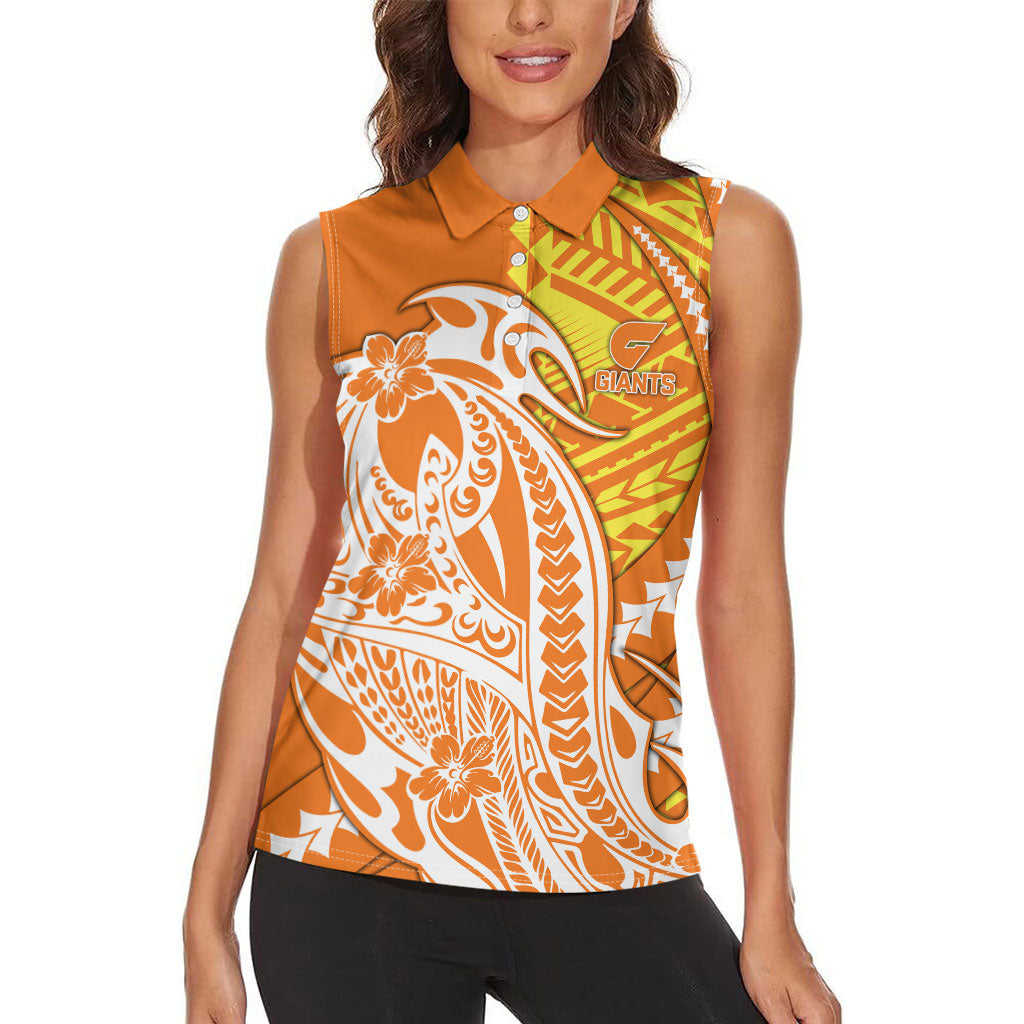 Personalized Greater Western Sydney Giants Women Sleeveless Polo Shirt Polynesian Tribal Giant Mascot With Hibiscus Floral Art