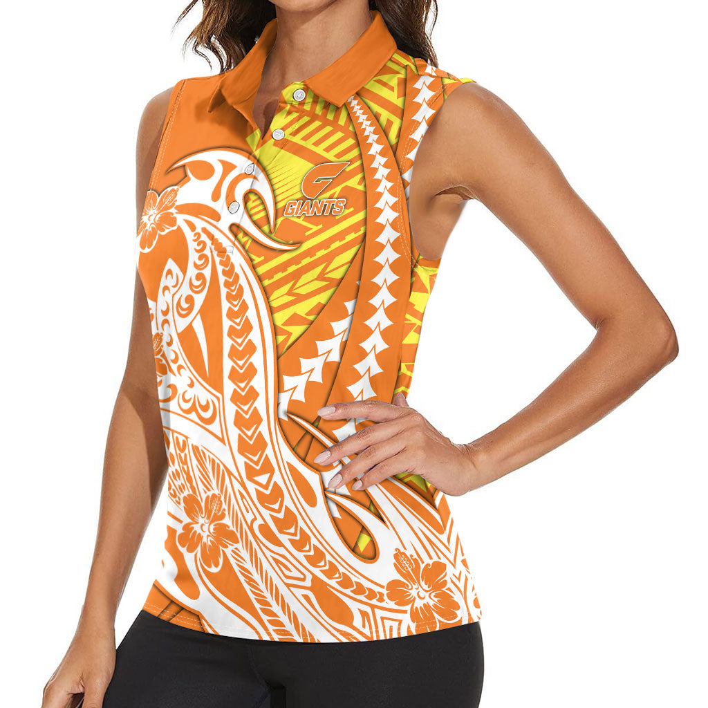 Personalized Greater Western Sydney Giants Women Sleeveless Polo Shirt Polynesian Tribal Giant Mascot With Hibiscus Floral Art