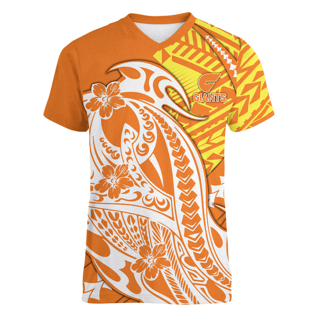 Personalized Greater Western Sydney Giants Women V-Neck T-Shirt Polynesian Tribal Giant Mascot With Hibiscus Floral Art