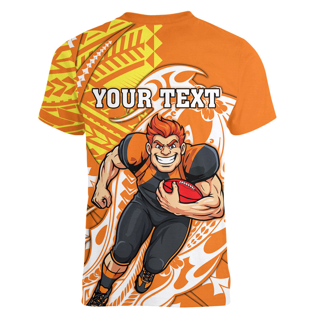 Personalized Greater Western Sydney Giants Women V-Neck T-Shirt Polynesian Tribal Giant Mascot With Hibiscus Floral Art