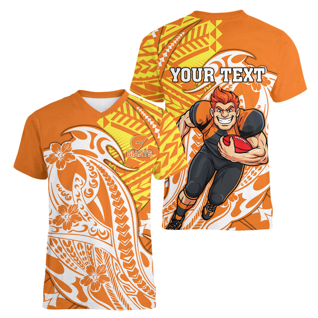 Personalized Greater Western Sydney Giants Women V-Neck T-Shirt Polynesian Tribal Giant Mascot With Hibiscus Floral Art