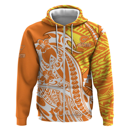 Personalized Greater Western Sydney Giants Zip Hoodie Polynesian Tribal Giant Mascot With Hibiscus Floral Art
