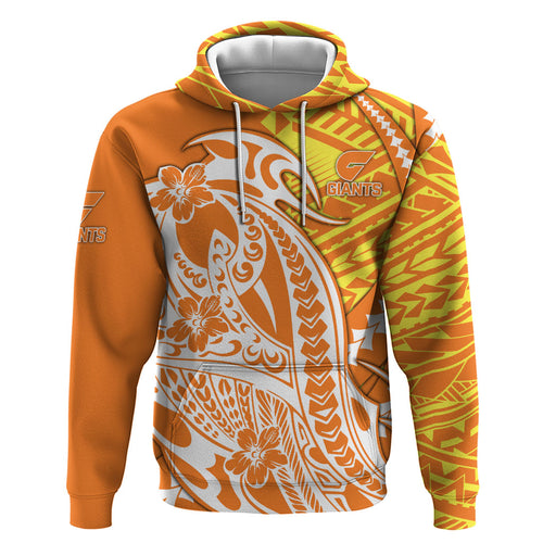 Personalized Greater Western Sydney Giants Zip Hoodie Polynesian Tribal Giant Mascot With Hibiscus Floral Art