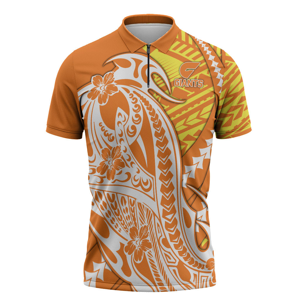 Personalized Greater Western Sydney Giants Zipper Polo Shirt Polynesian Tribal Giant Mascot With Hibiscus Floral Art