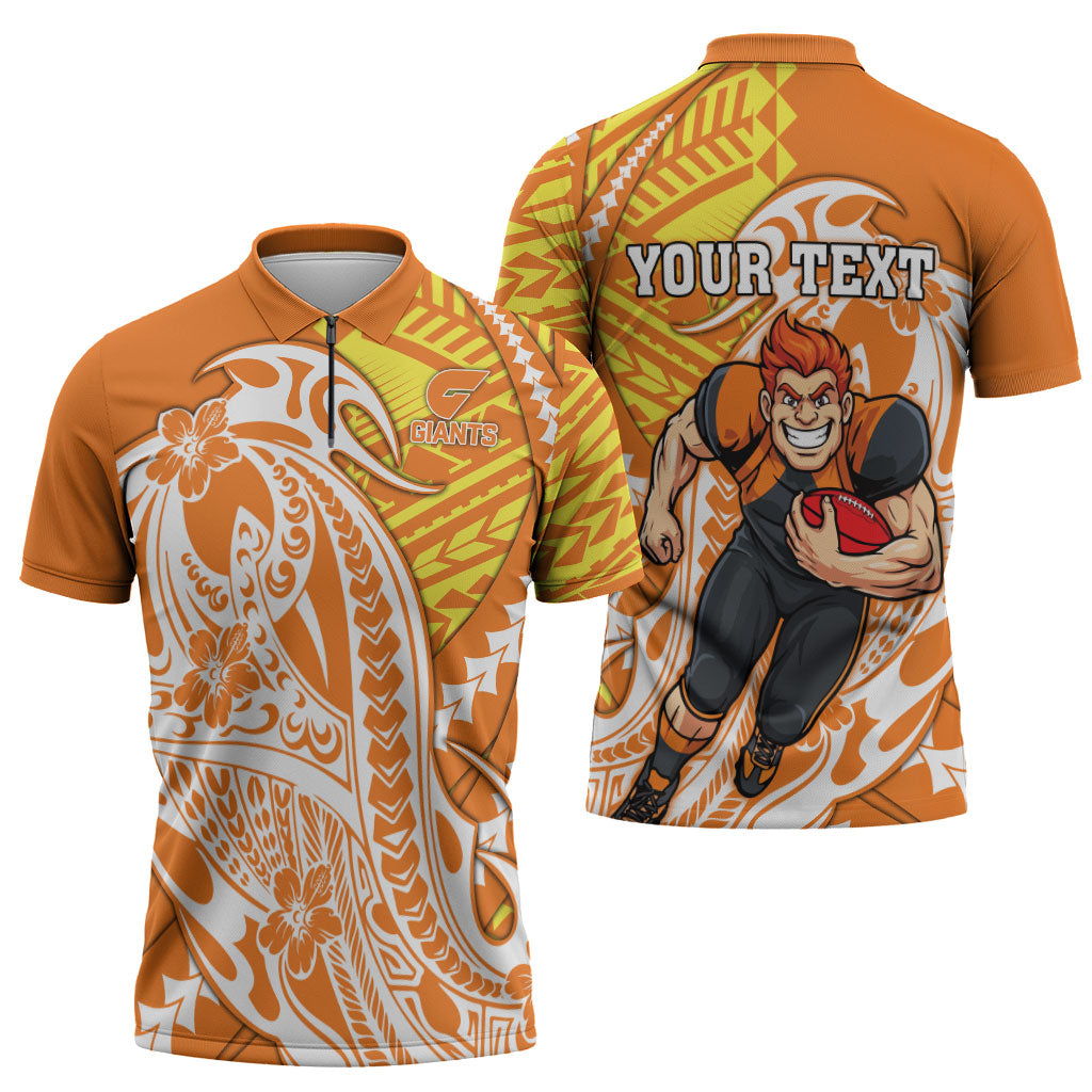 Personalized Greater Western Sydney Giants Zipper Polo Shirt Polynesian Tribal Giant Mascot With Hibiscus Floral Art