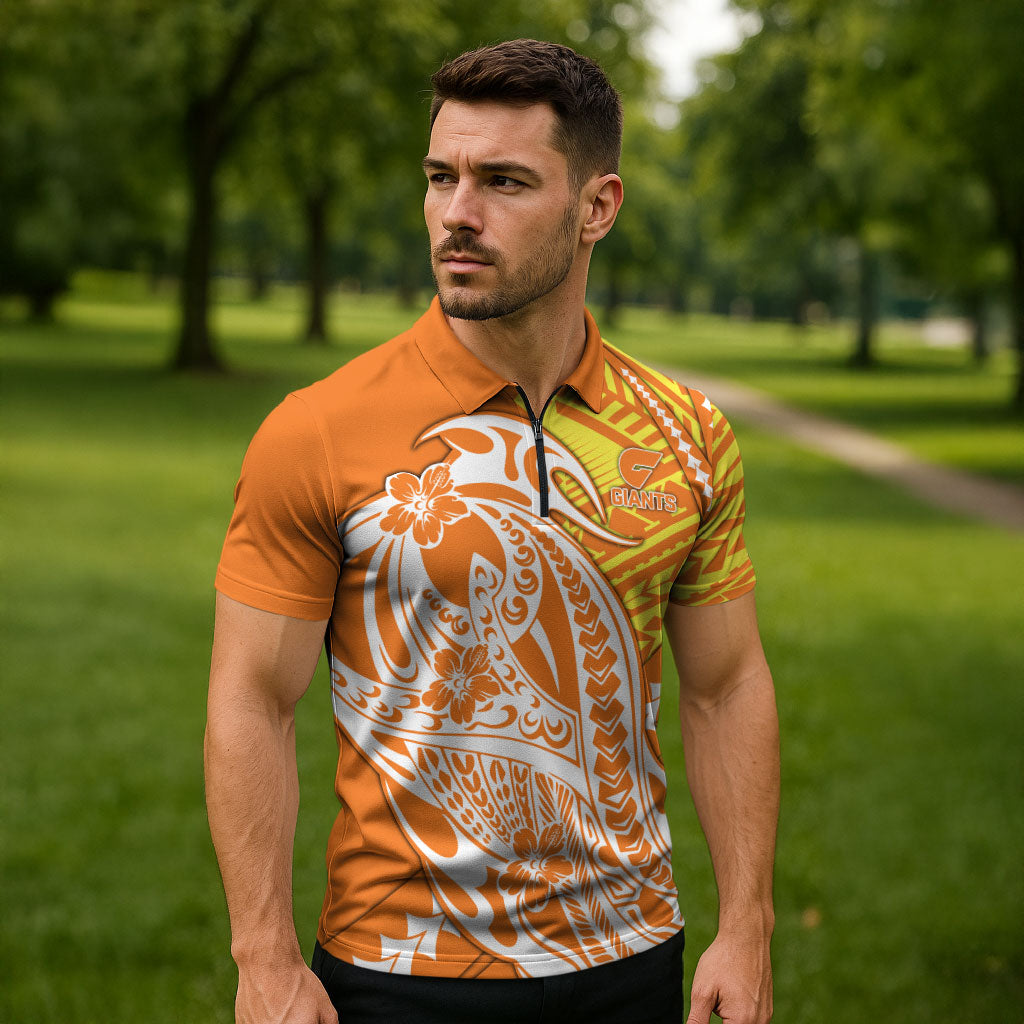 Personalized Greater Western Sydney Giants Zipper Polo Shirt Polynesian Tribal Giant Mascot With Hibiscus Floral Art