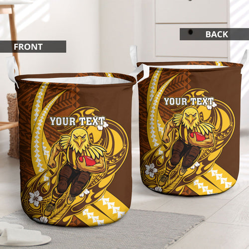 Personalized Hawthorn Hawks Laundry Basket Polynesian Tribal Hawk Mascot With Hibiscus Flower Art