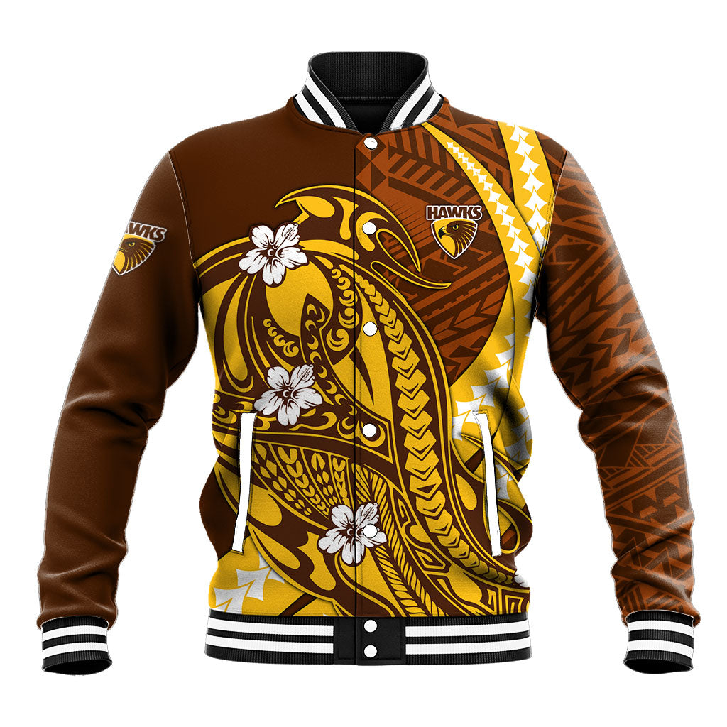 Personalized Hawthorn Hawks Baseball Jacket Polynesian Tribal Hawk Mascot With Hibiscus Flower Art
