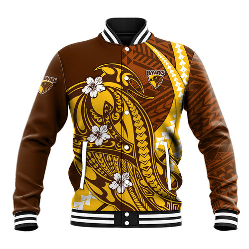 Personalized Hawthorn Hawks Baseball Jacket Polynesian Tribal Hawk Mascot With Hibiscus Flower Art