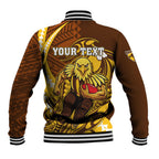 Personalized Hawthorn Hawks Baseball Jacket Polynesian Tribal Hawk Mascot With Hibiscus Flower Art