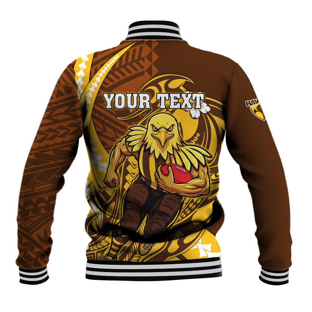 Personalized Hawthorn Hawks Baseball Jacket Polynesian Tribal Hawk Mascot With Hibiscus Flower Art