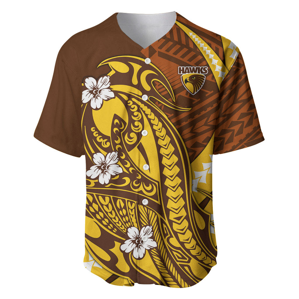 Personalized Hawthorn Hawks Baseball Jersey Polynesian Tribal Hawk Mascot With Hibiscus Flower Art