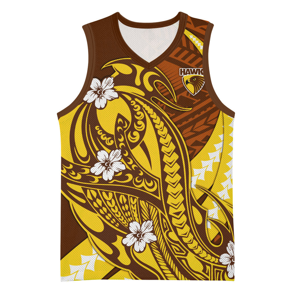 Personalized Hawthorn Hawks Basketball Jersey Polynesian Tribal Hawk Mascot With Hibiscus Flower Art
