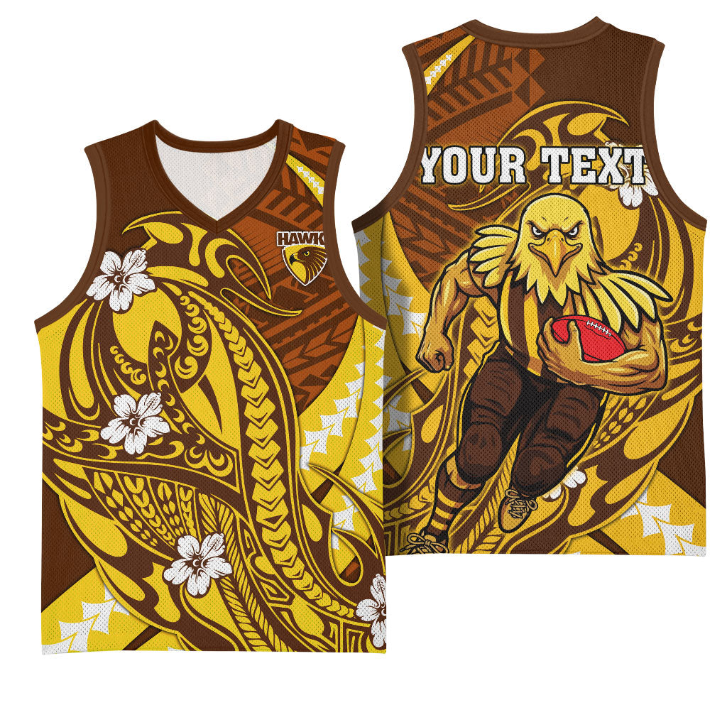 Personalized Hawthorn Hawks Basketball Jersey Polynesian Tribal Hawk Mascot With Hibiscus Flower Art