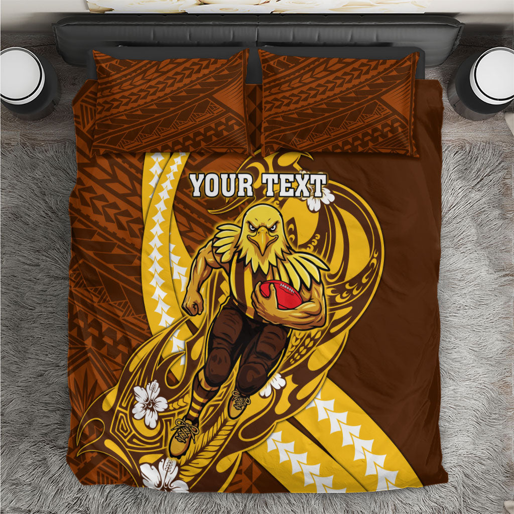 Personalized Hawthorn Hawks Bedding Set Polynesian Tribal Hawk Mascot With Hibiscus Flower Art