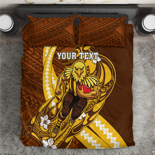 Personalized Hawthorn Hawks Bedding Set Polynesian Tribal Hawk Mascot With Hibiscus Flower Art