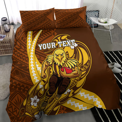 Personalized Hawthorn Hawks Bedding Set Polynesian Tribal Hawk Mascot With Hibiscus Flower Art