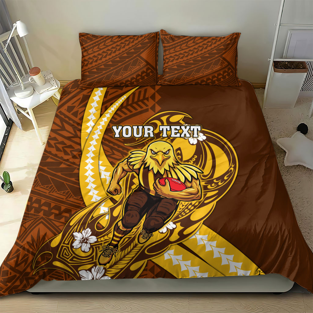 Personalized Hawthorn Hawks Bedding Set Polynesian Tribal Hawk Mascot With Hibiscus Flower Art
