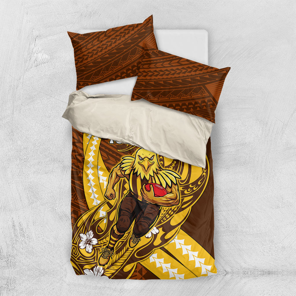 Personalized Hawthorn Hawks Bedding Set Polynesian Tribal Hawk Mascot With Hibiscus Flower Art