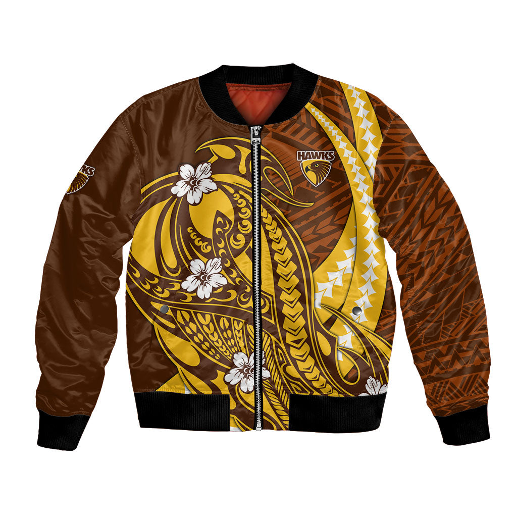Personalized Hawthorn Hawks Bomber Jacket Polynesian Tribal Hawk Mascot With Hibiscus Flower Art