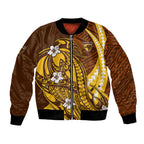 Personalized Hawthorn Hawks Bomber Jacket Polynesian Tribal Hawk Mascot With Hibiscus Flower Art