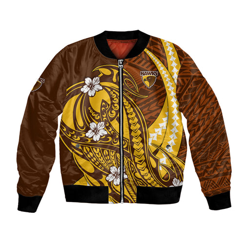 Personalized Hawthorn Hawks Bomber Jacket Polynesian Tribal Hawk Mascot With Hibiscus Flower Art