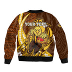 Personalized Hawthorn Hawks Bomber Jacket Polynesian Tribal Hawk Mascot With Hibiscus Flower Art